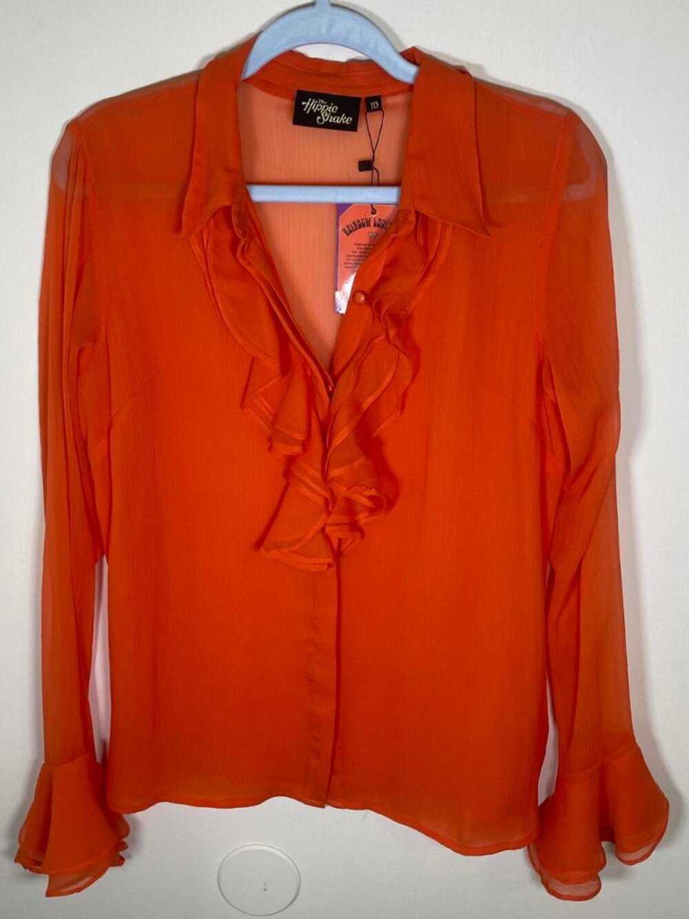The Hippie Shake Orange Sheer Ruffle Button Down Blouse